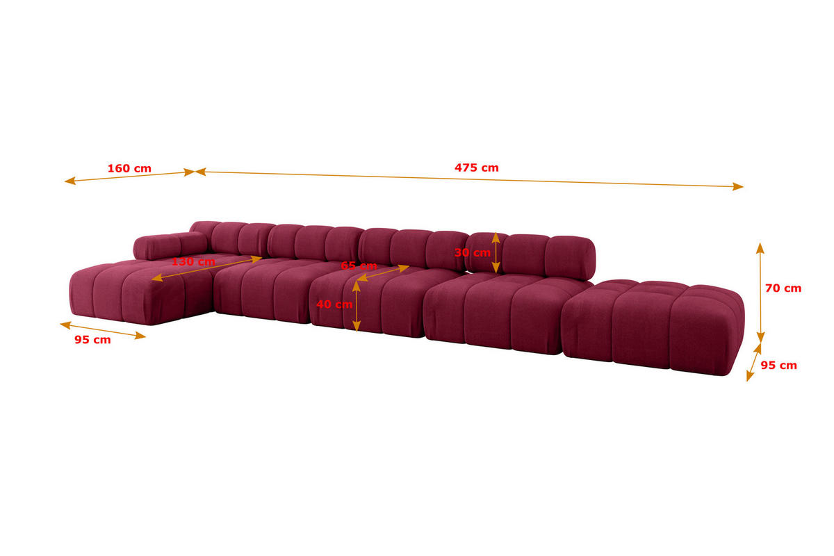 ECKSOFA modulares Sofa Lizur-L3 - 475x160x70 cm Bordeauxrot Velours - Bordeaux, Holzwerkstoff/Textil (475/160cm) - ALTDECOR
