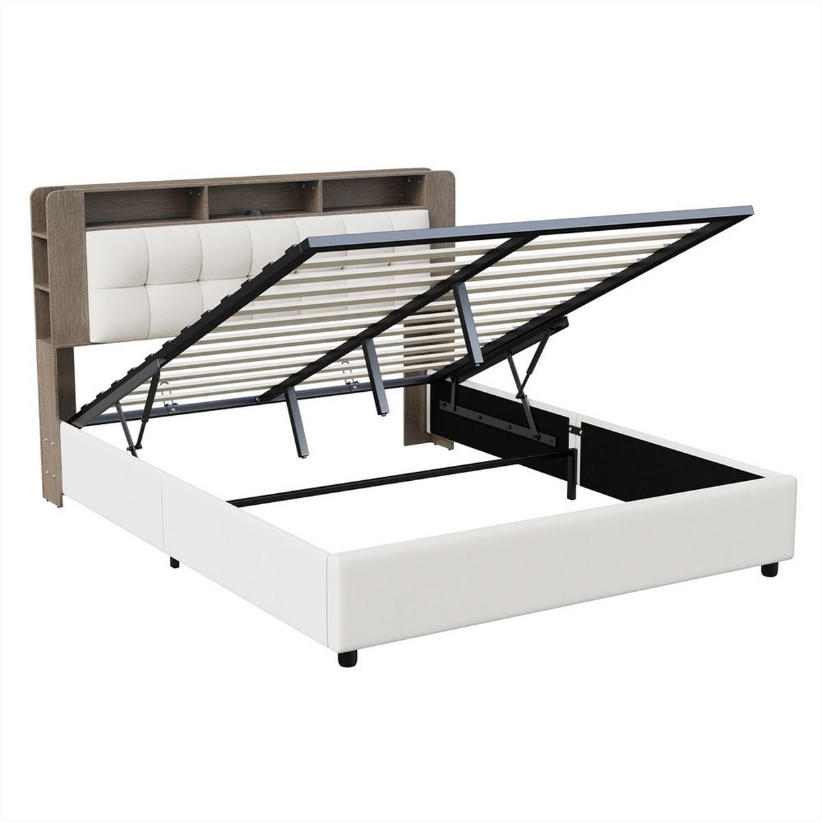 POLSTERBETT 140x200 cm - mit LED-Ablagekopfteil und hydraulischem Bettkasten - ohne Matratze - Off-White - Creme, Textil (140/200cm) - DELFA