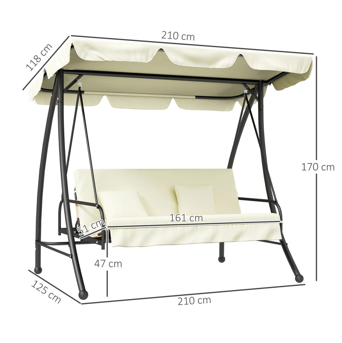 HOLLYWOODSCHAUKEL 200/125/170 cm cremeweiß aus Metall mit Liegefunktion - Beige, Metall (125/170/200cm) - OKWISH