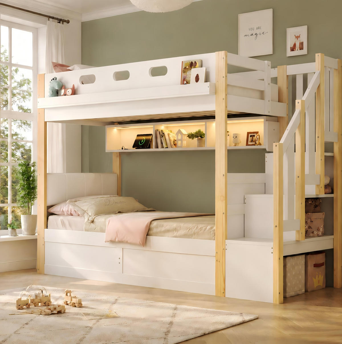ETAGENBETT aus Kiefernholz und MDF 90x200+90x200 cm Weiß mit hydraulischem Unterbett, LED-Licht und Stauraumtreppe - Weiß, Holz (90/200cm) - Modfu