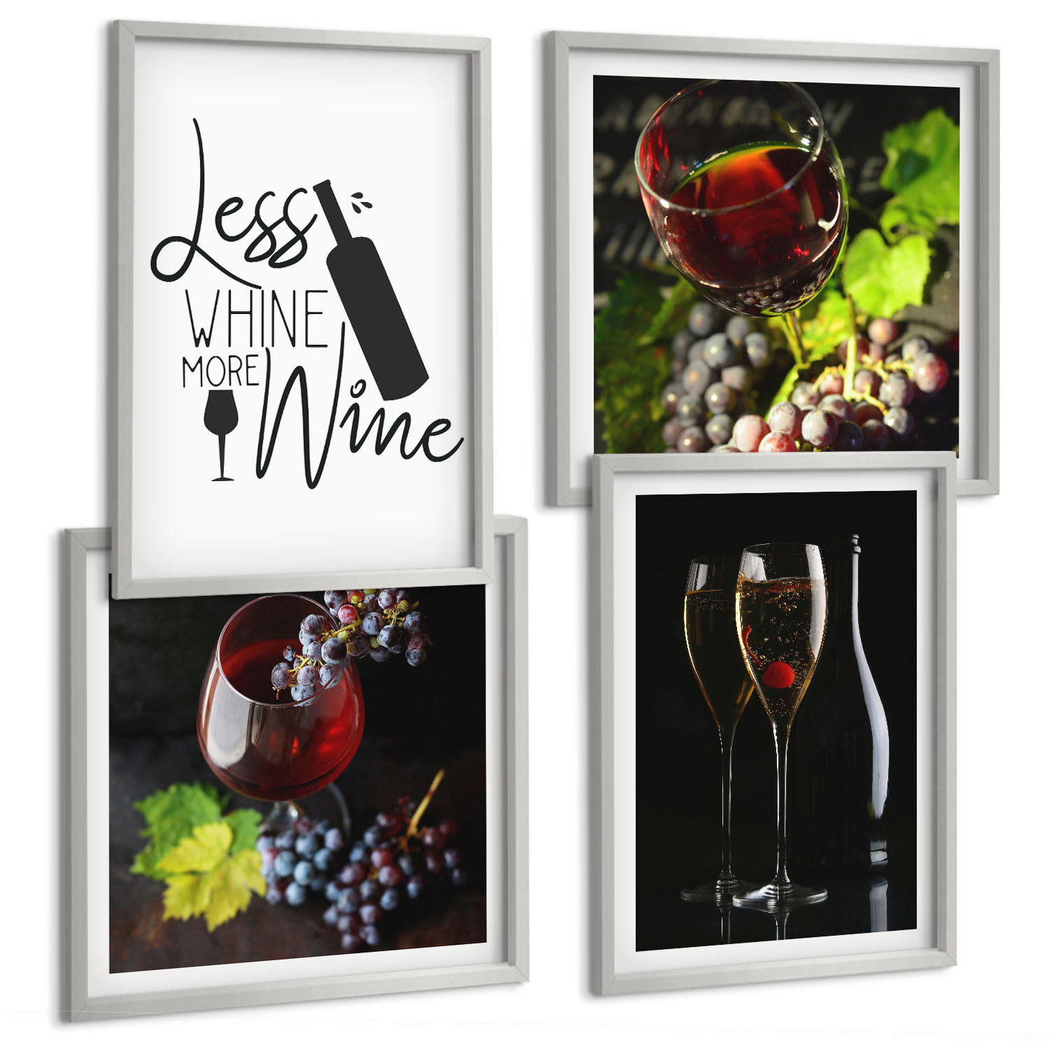 BILDER SET 4er Set - 50x50 cm & 40x60 cm Silberner Rahmen - Weingläser mit Trauben und Inschrift - Silberfarben, Kunststoff (50/50cm) - TULUP