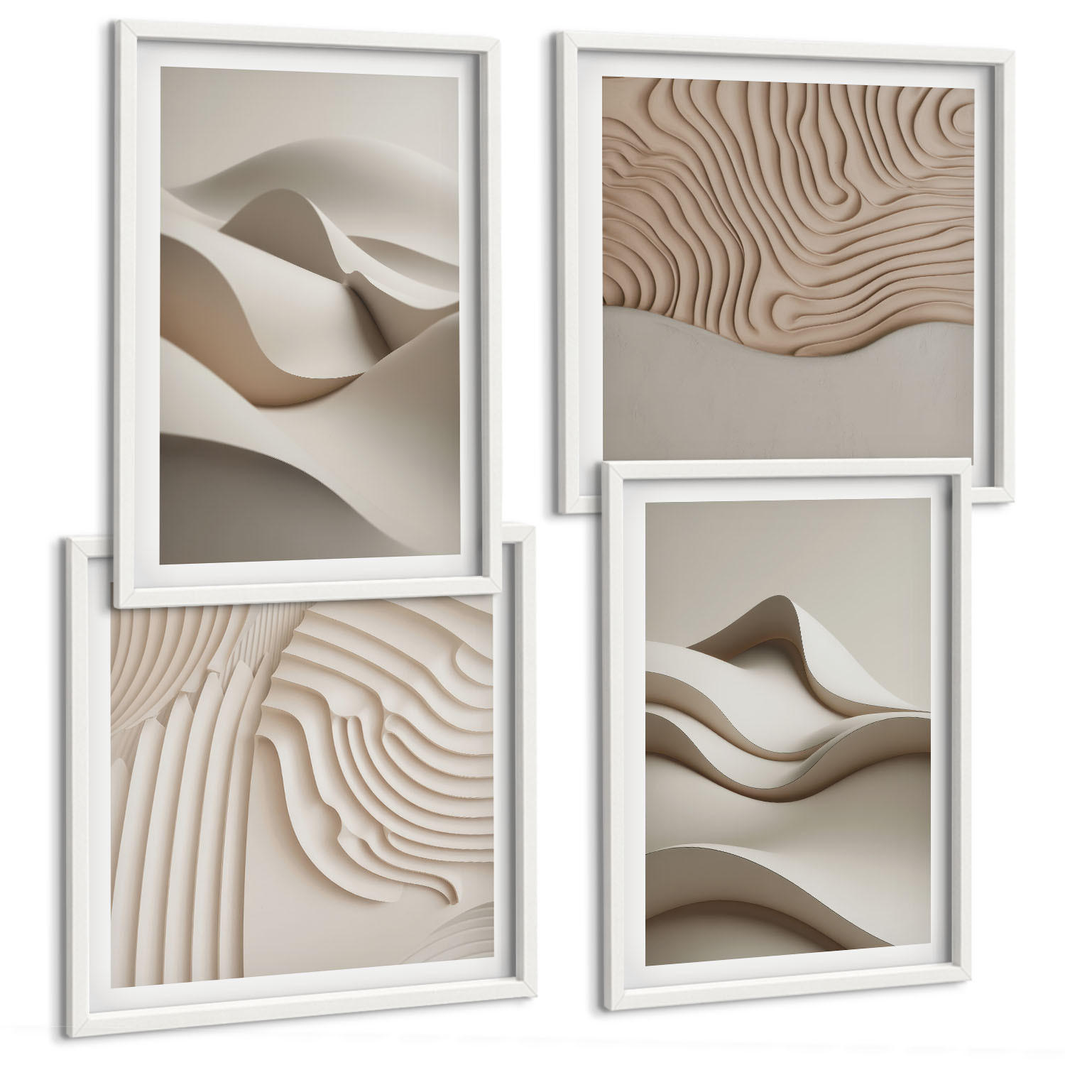 BILDER SET 4er Set - 50x50 cm & 40x60 cm Weißer Rahmen - Abstrakte beige Wellen - Weiß, Kunststoff (50/50cm) - TULUP