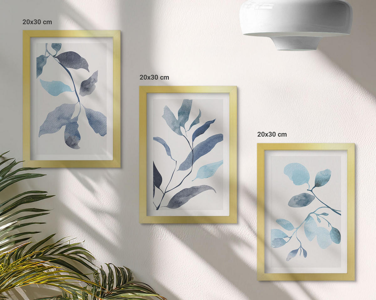 WANDBILDER 3er Set - 20x30 cm Goldrahmen - Aquarell von blauen Blättern - Goldfarben, Kunststoff (20/30cm) - ArtPrintCave