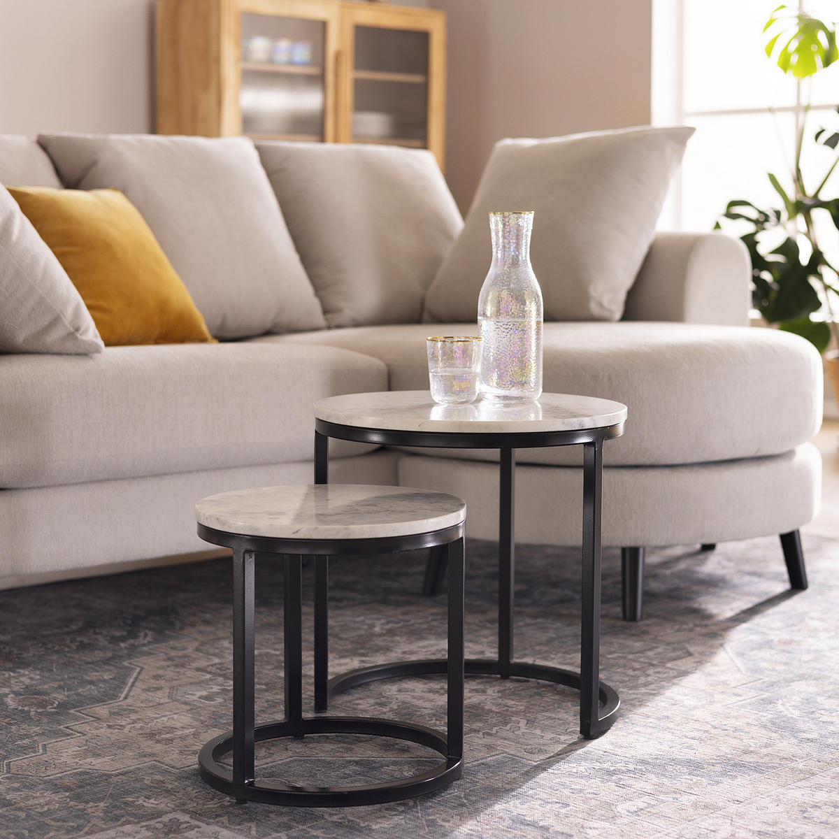 COUCHTISCH-SET - Marmor, 2-teilig - Schwarz/Weiß, Naturmaterialien/Metall (45/45/45cm) - home24