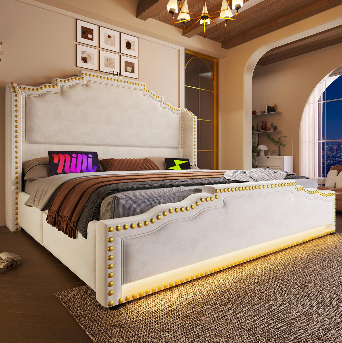 POLSTERBETT 180/200 cm aus Samt mit LED-Beleuchtung, USB-C und 4 Schubladen Beige - Beige, Textil (180/200cm) - Modenvie
