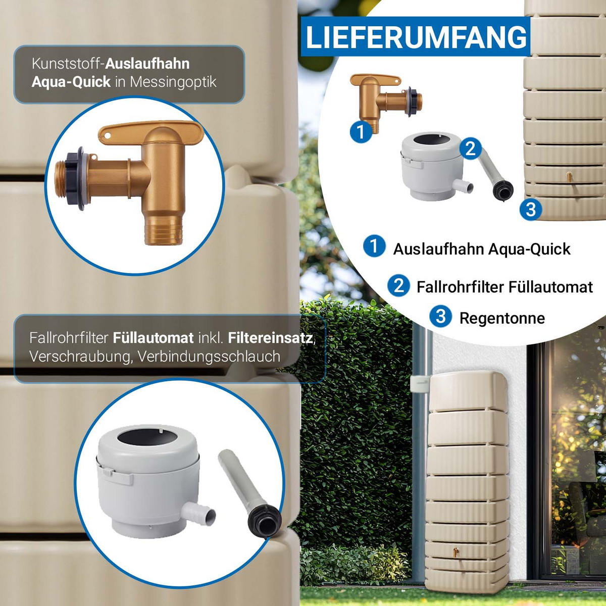 WANDTANK Komplett-Set 650 L sandbeige inkl. Kunststoff-Auslaufhahn und Fallrohranschluss - Sandfarben, Kunststoff (79/210/52cm) - 4rain