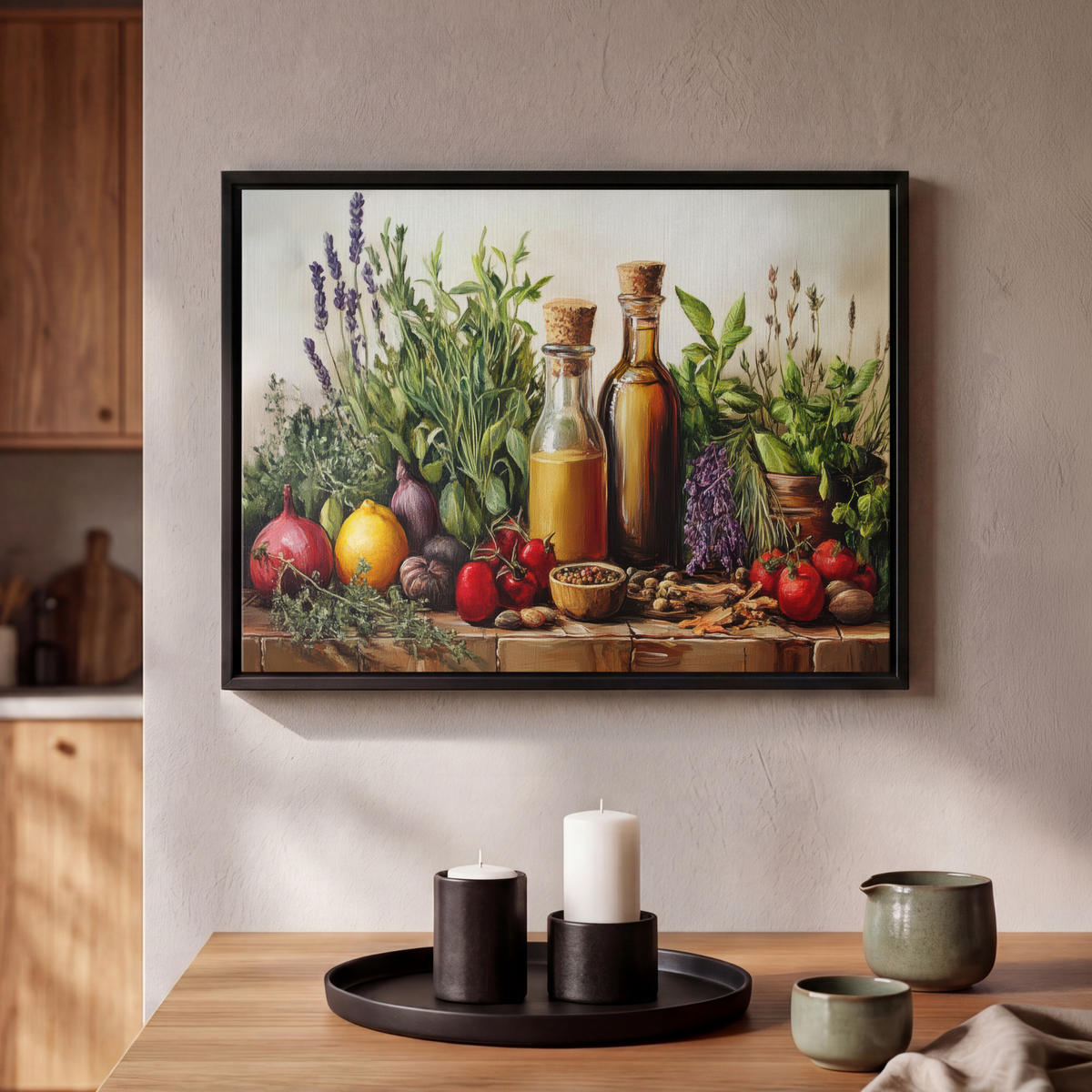 LEINWAND Bilder mit Rahmen - Stilleben - Kräuter - Gewürze - Früchte - Farbenfroh - 40x30 - Grün, Textil (40/30cm) - MuchoWow