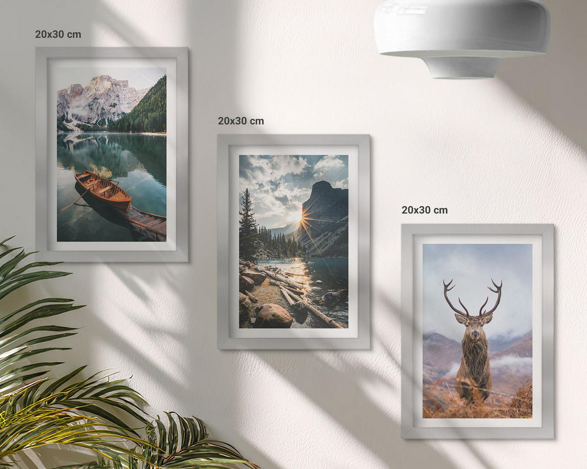 WANDBILDER 3er Set - 20x30 cm Silberner Rahmen - Bergsee, Bootsfahrt, Sonnenuntergang, Hirsche - Silberfarben, Kunststoff (20/30cm) - ArtPrintCave
