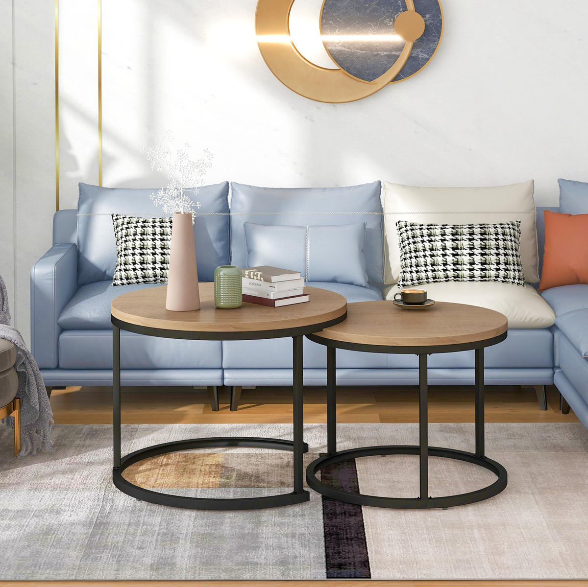 COUCHTISCH 2er-Set 70,5/50 und 44/45,5 cm in Eichefarben mit Metallgestell - Naturfarben, Holzwerkstoff (70.5/70.5/50cm) - Flora Grace