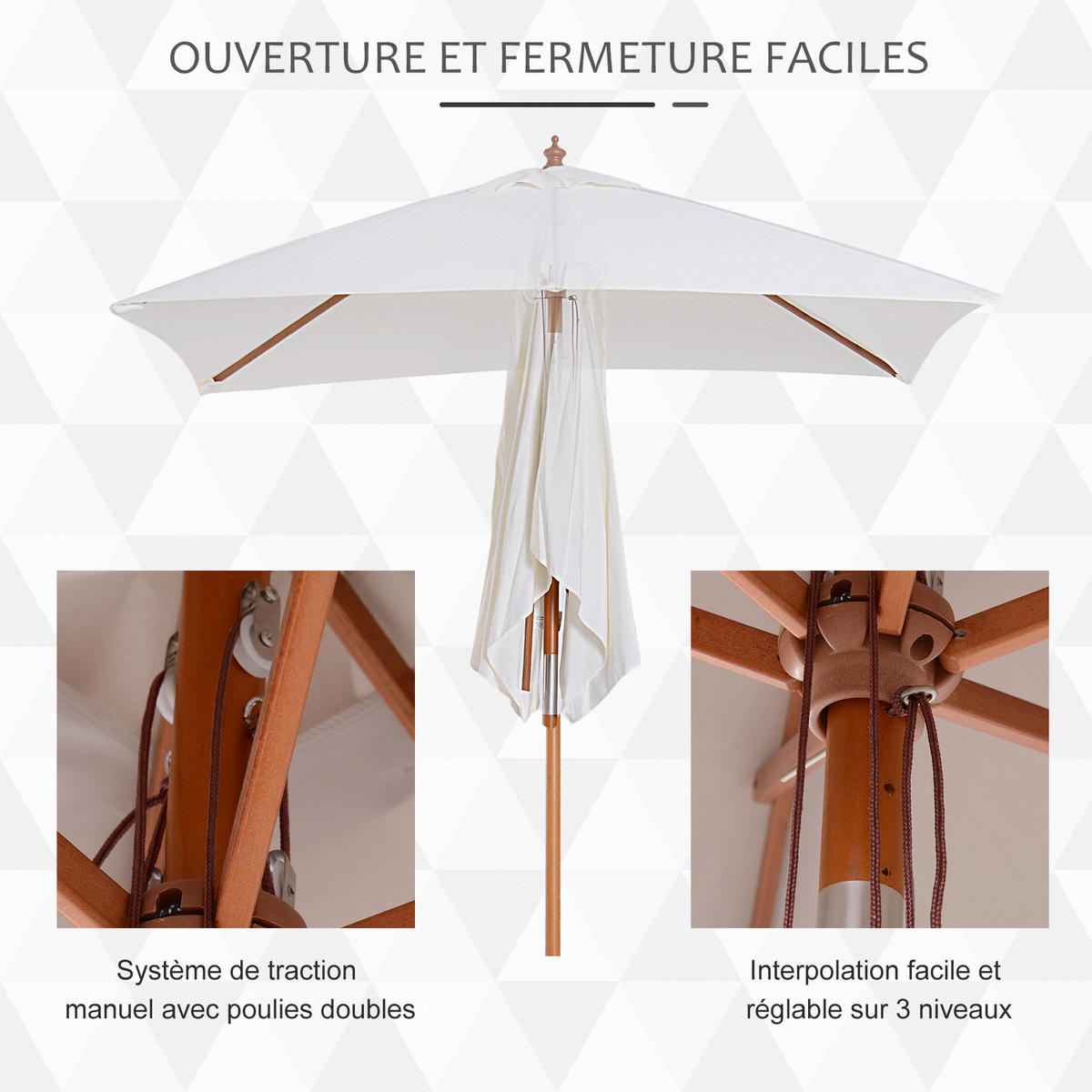 SONNENSCHIRM DE-11377 rechteckig, neigbar, Holz Creme - Creme, Holzwerkstoff (150/200cm) - ComfortXL