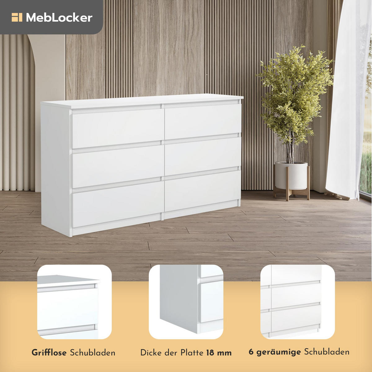 KOMMODE mit Schubladen Weiß 138,6 x 78,5 x 39 cm - Weiß, Holzwerkstoff (138.6/138.6/39cm) - MebLocker