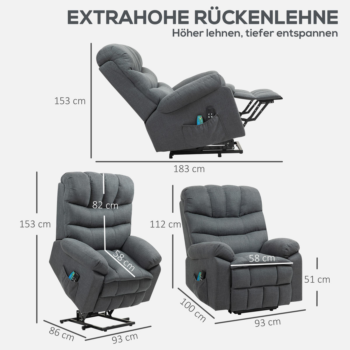 RELAXSESSEL Elektrisch Fernsehsessel mit Aufstehhilfe, Liegefunktion, Dunkelgrau - Dunkelgrau/Schwarz, Textil/Metall (93/112/100cm) - HOMCOM