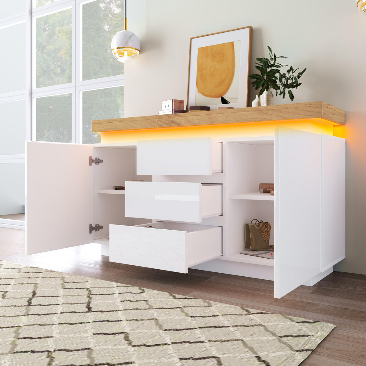 KUCHYŇSKÁ SKŘÍŇ bílá lesklá, zásuvky, LED osvětlení, do obývacího pokoje a ložnice, 140×39×81 cm - bílá, kompozitní dřevo (140/81/39cm) - STILVORA
