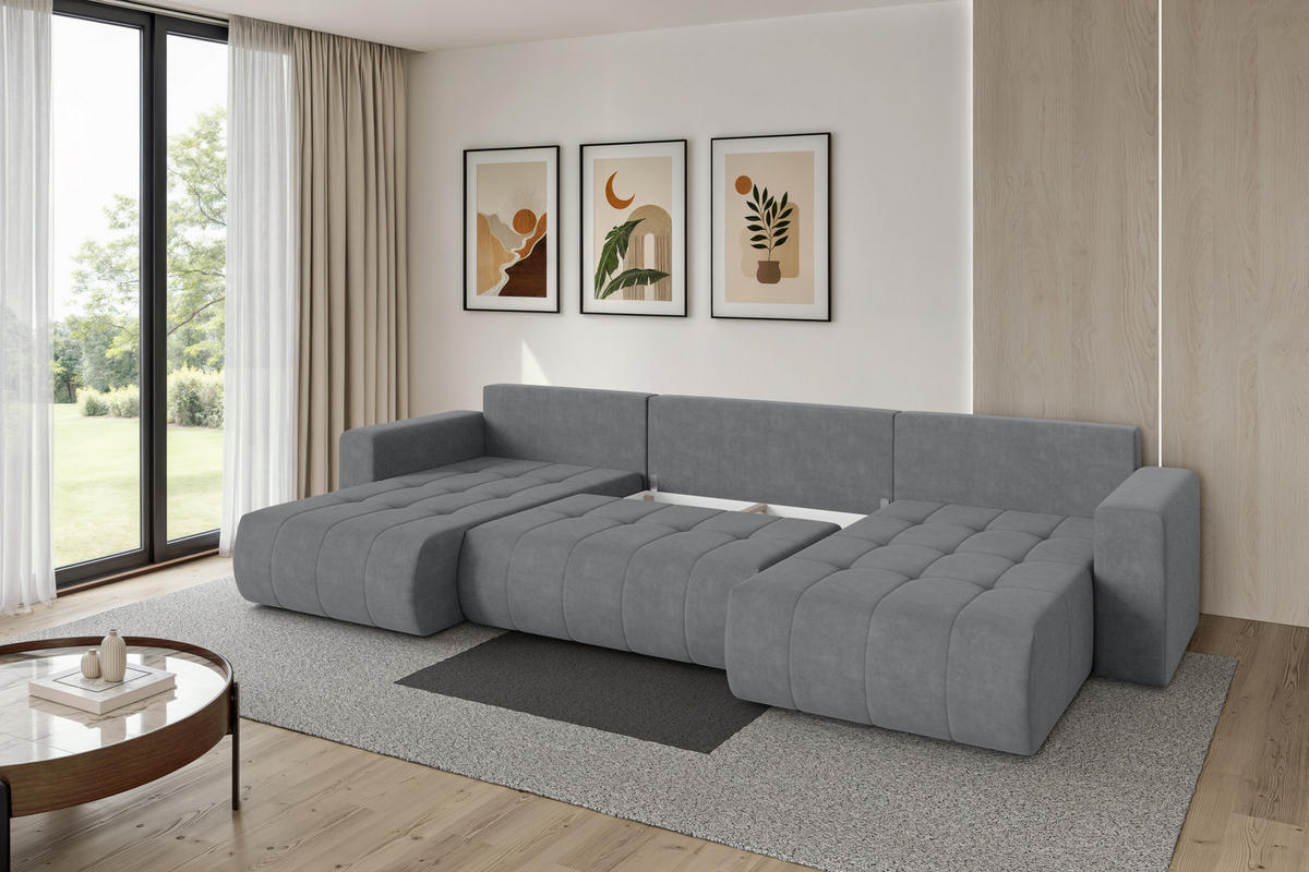 SEDACÍ SOUPRAVA DO U s funkcí spaní a úložným prostorem MILA-U 378x194x86 šedá velur - černá/šedohnědá, kompozitní dřevo/textil (378/86/194cm) - ALTDECOR