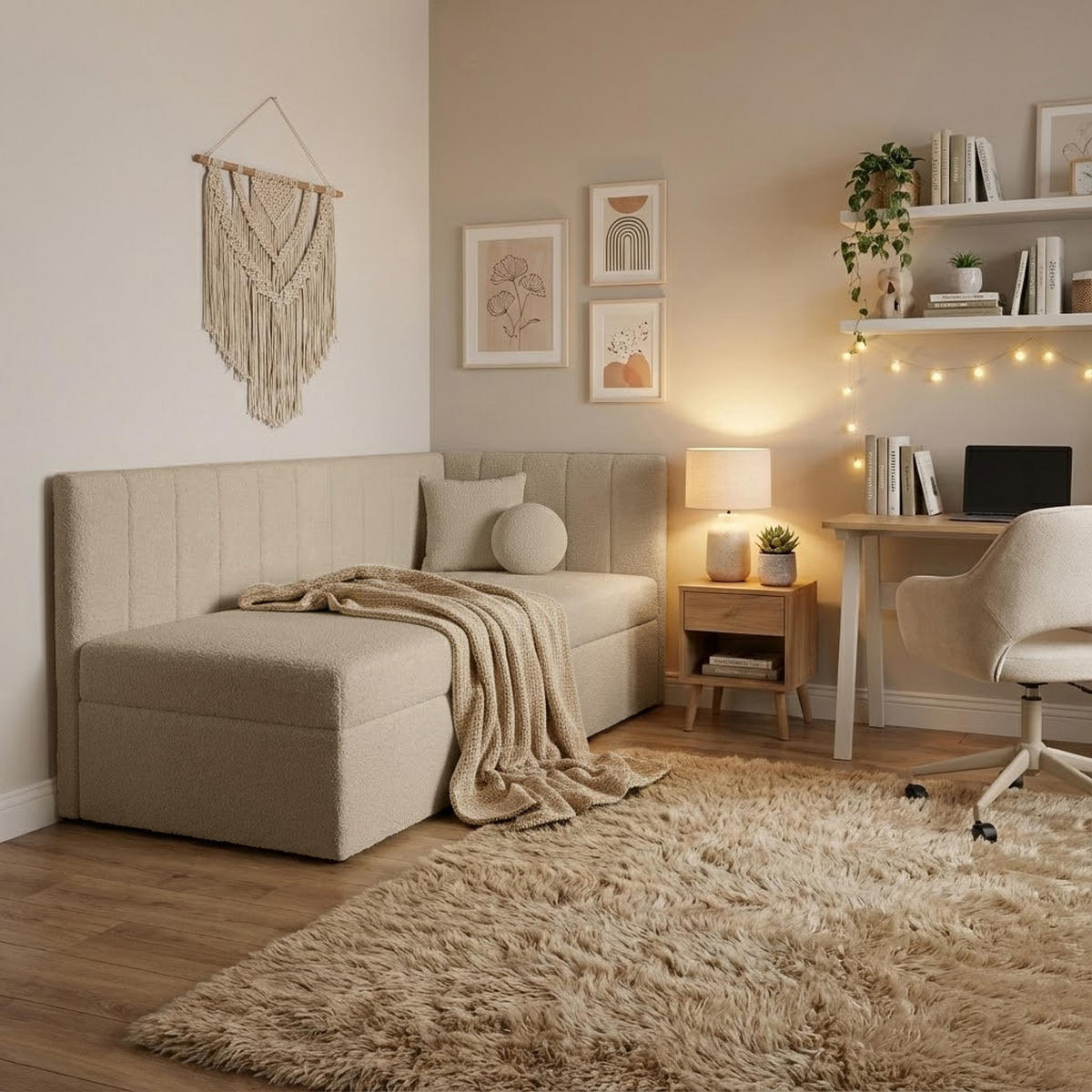 SCHLAFSOFA Rafi, Eckbett mit Bettkasten, 90x200 cm, Dunkelbeige - Ecru, Textil (209/94/102cm) - Beautysofa