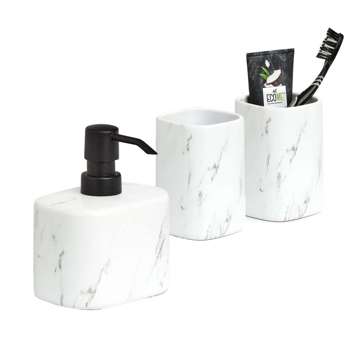 BADACCESSOIRES - Keramik Marmoroptik, 3-teiliges Set - Weiß, Keramik (11/13.2/8.1cm) - Zeller Present