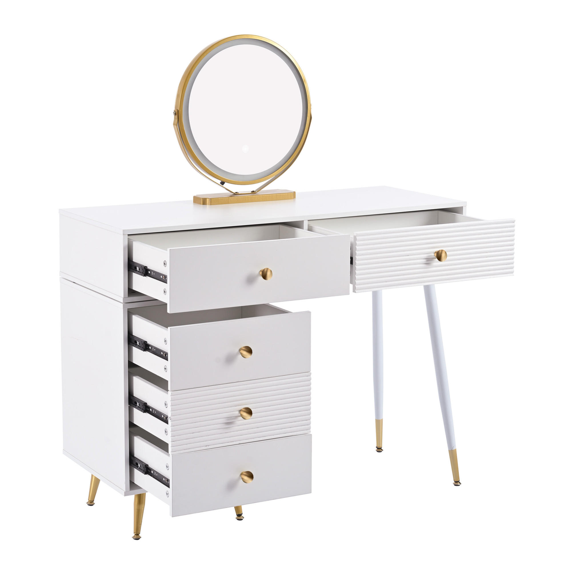 SCHMINKTISCH 100/40/78 cm in Weiß mit LED-Beleuchtung und flexiblem Seitenschrank - Weiß, Holzwerkstoff (40/78.5/100cm) - Flora Grace