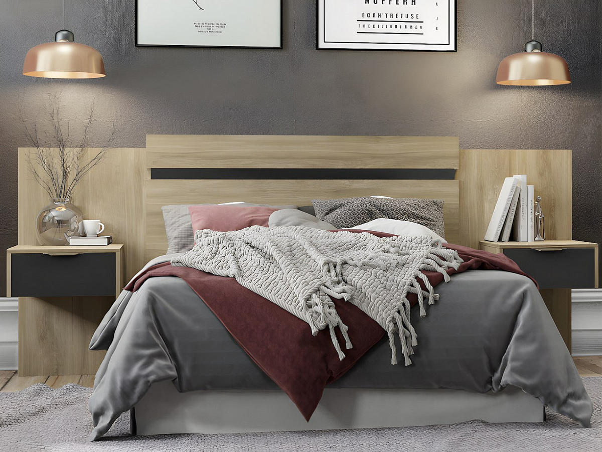 BETTKOPFTEIL ausziehbar mit integrierten Nachttischen - 140/160 cm - Naturfarben & Schwarz - PARATI - Schwarz, Holz (252/106/39.5cm) - Vente-Unique