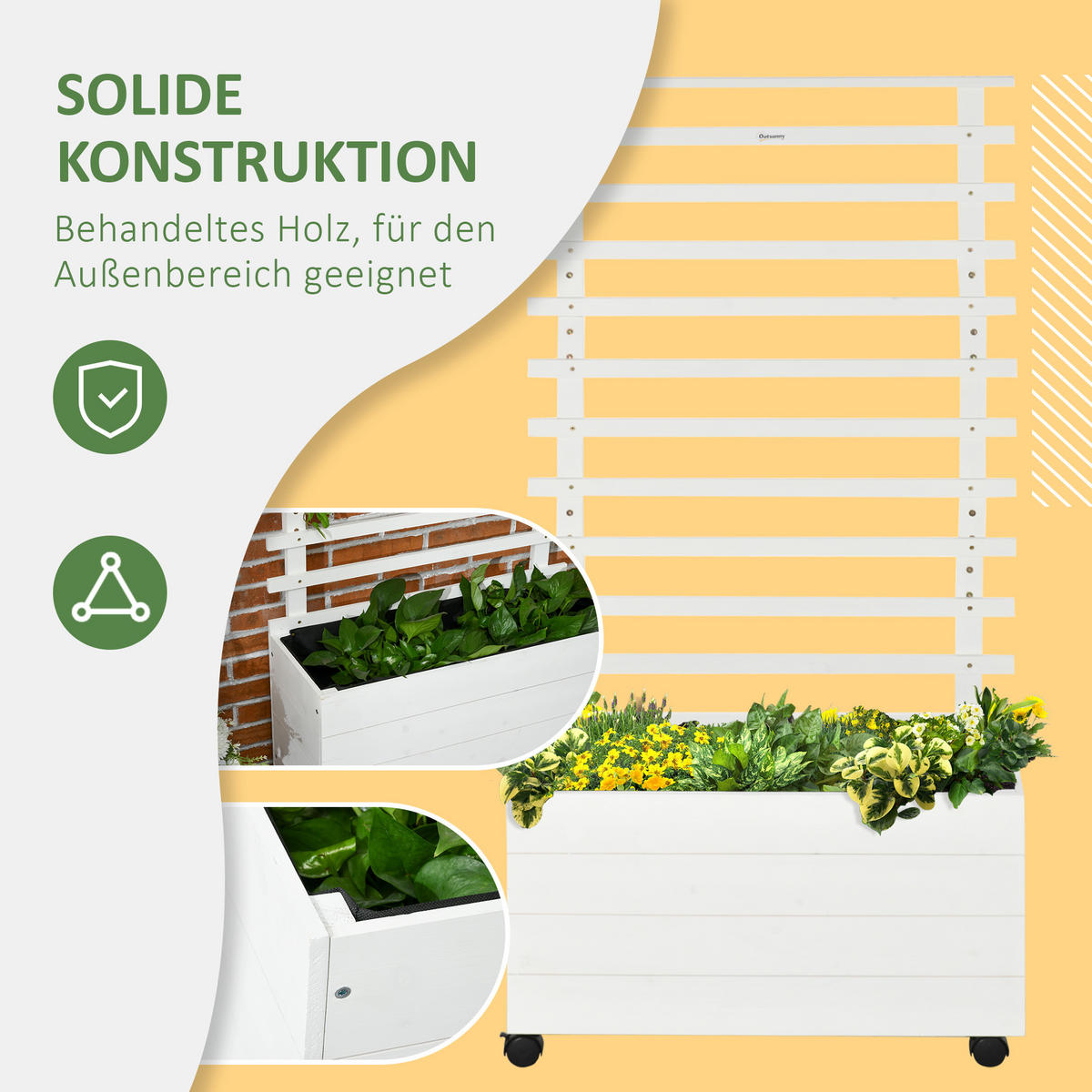 PFLANZKASTEN, Blumenkasten mit Rollen, Hochbeet für Kletterpflanzen, Naturholz, Weiß - Weiß, Holz (30/155/76cm) - Outsunny
