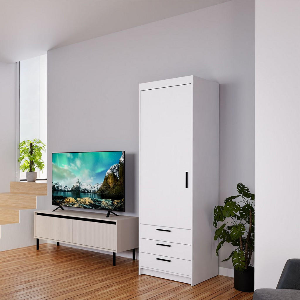 Thumbnail - Masseno Drehtürenschrank, Weiß, Holzwerkstoff, 4 Fächer, 3 Schubladen, Rechteckig, 59.9x190.5x53 cm, Schlafzimmer, Kleid...