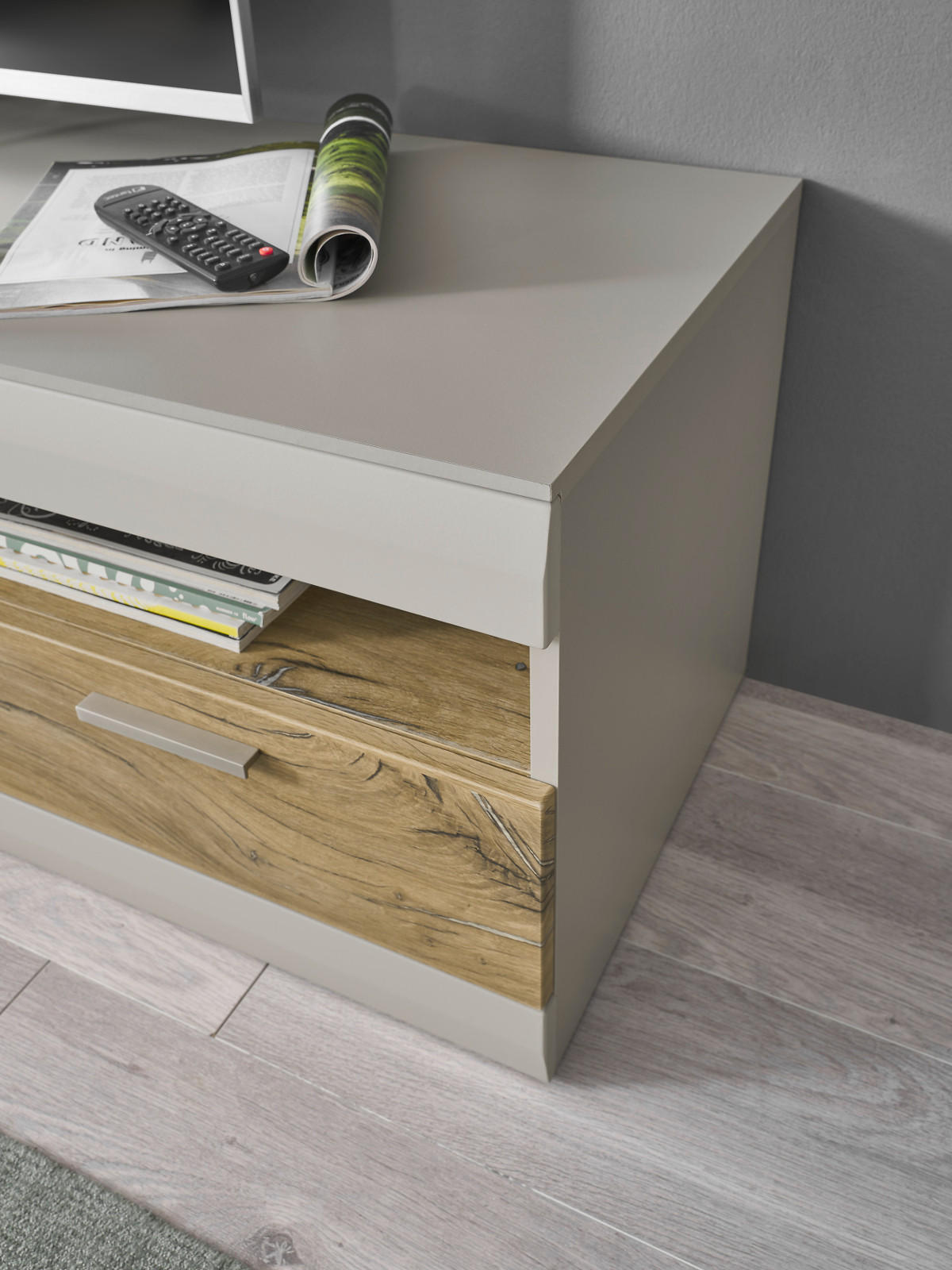 TV-LOWBOARD grau matt, Zinneiche 200, TV Unterteil XXL mit Soft-Close - Eichefarben/Silberfarben, Holzwerkstoff/Metall (200/46/45cm) - Furn.Design