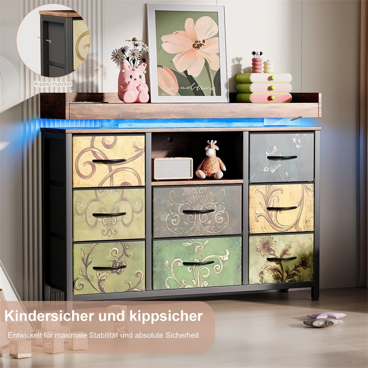 KOMMODE mit 8 Schubladen - integrierte Ladestation und RGB-LED-Beleuchtung - Bunt - Multicolor, Holzwerkstoff (108/82/30cm) - DELFA