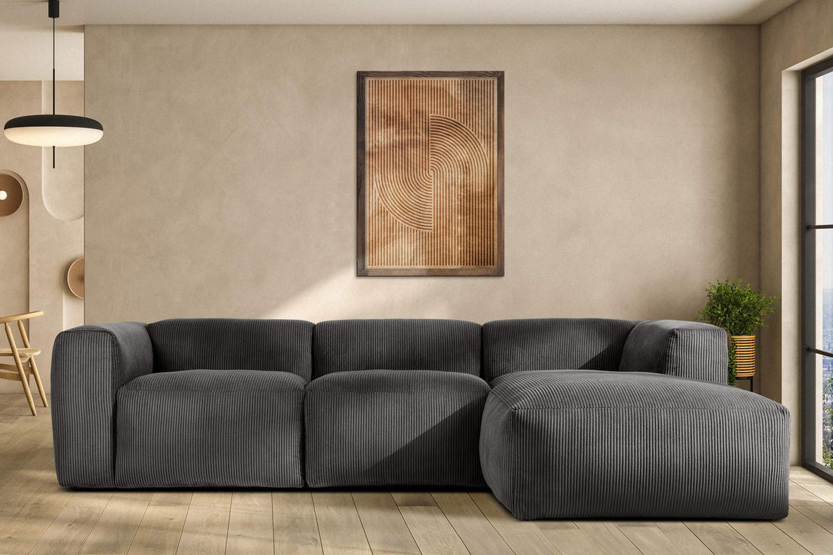 ECKMODULSOFA-RECHTS BUFFO mit extrem weicher und bequemer Sitzfläche, Kordstoff, grau - Grau, Textil (297/180cm) - KONSIMO®