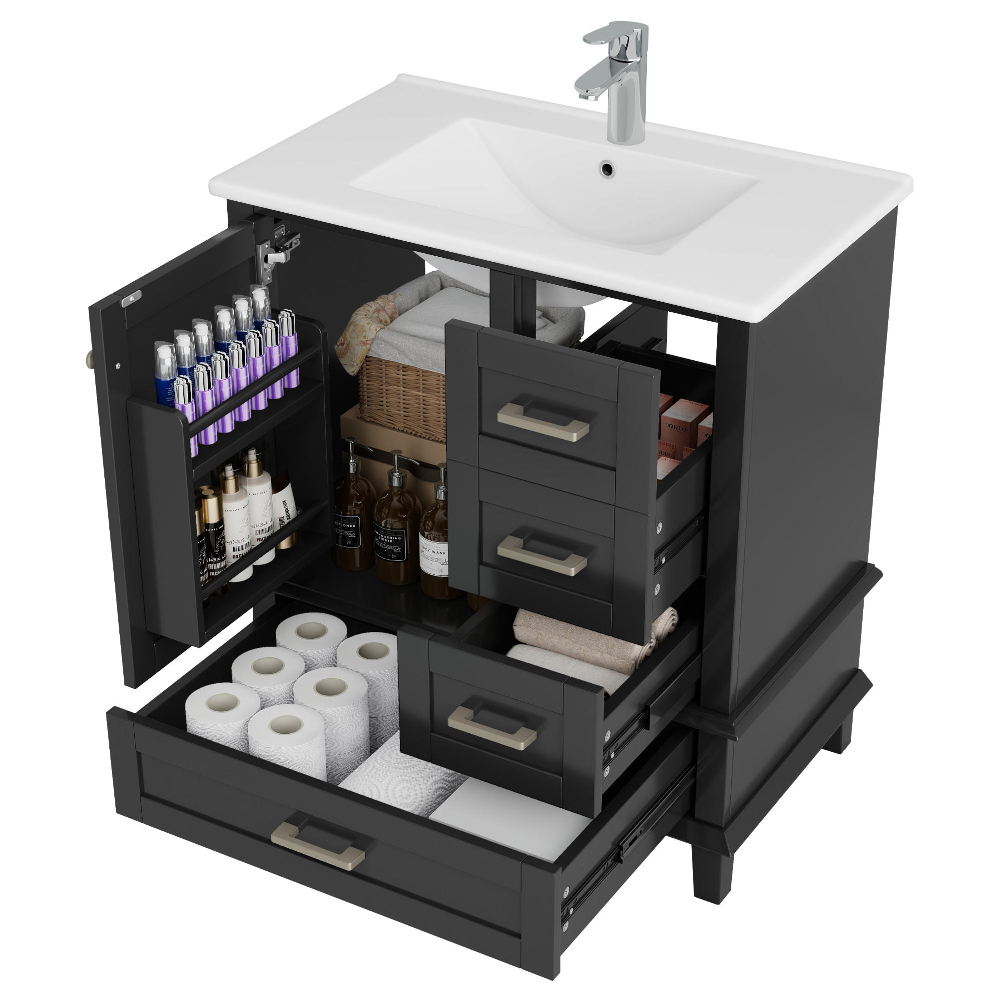 WASCHTISCHKOMBI 73x45.5x83.5 cm Schwarz aus Keramik, Spanplatte & Kiefernholz mit Schubladen - Schwarz, Holzwerkstoff (73/83.5/45.5cm) - Modfu