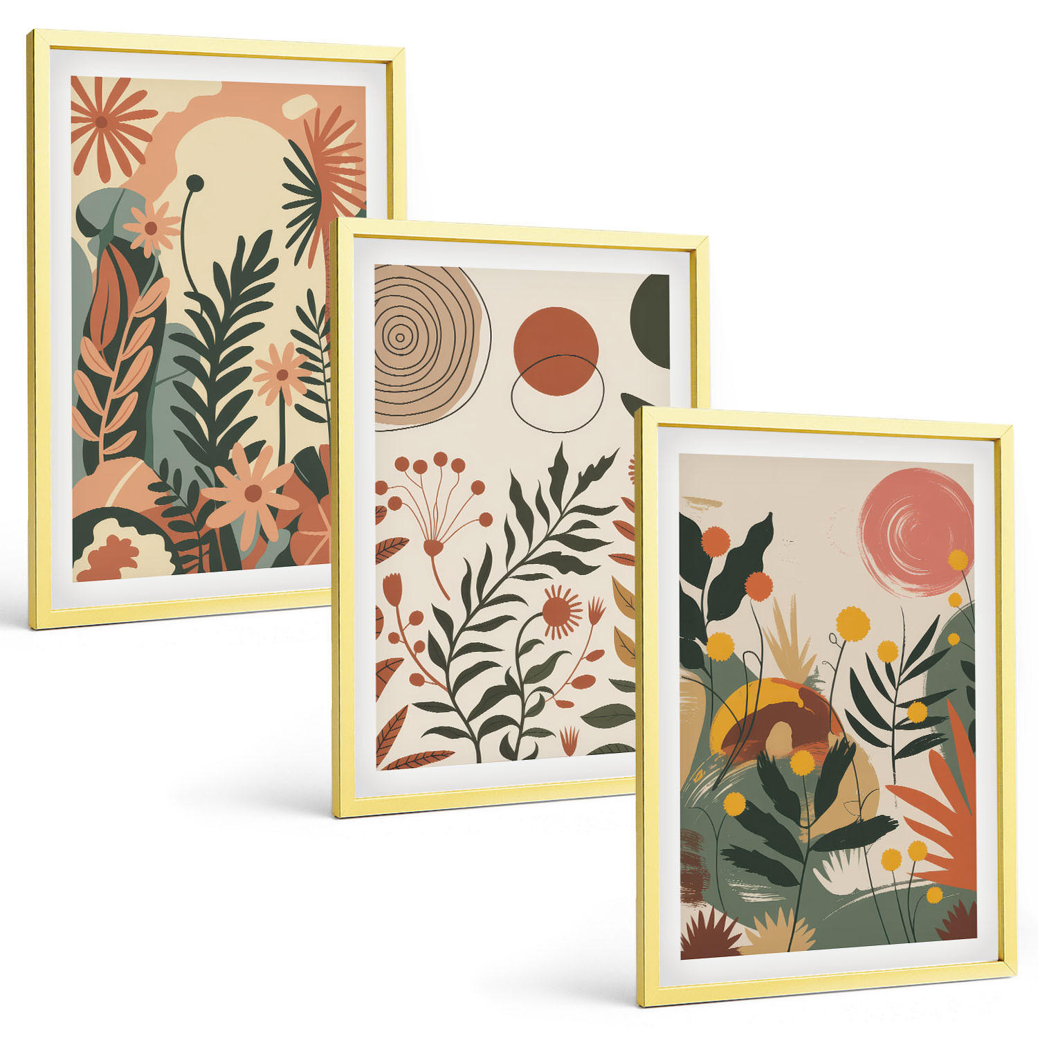 BILDER SET 3er Set - 40x60 cm Goldrahmen - Vintage-Pflanzenmuster in Pastellfarben - Goldfarben, Kunststoff (40/60cm) - TULUP