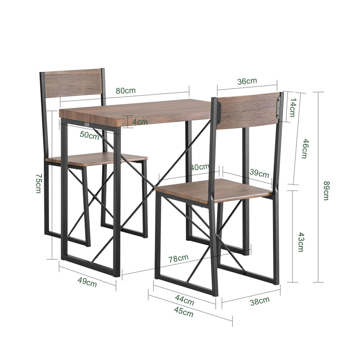 ESSTISCH + 2 x STÜHLE - Naturfarben, Holzwerkstoff/Metall (80/75/50cm) - SoBuy