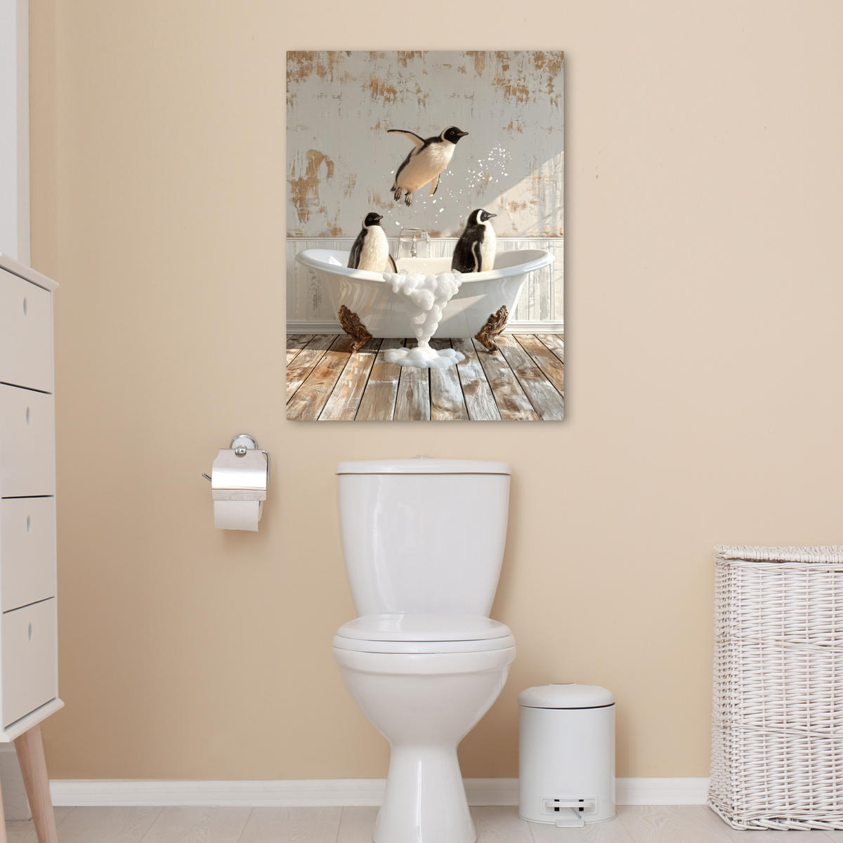 LEINWANDBILD Vintage - Pinguin - Badewanne - Schaumstoff 60x80 cm - Schwarz, Textil (60/80cm) - MuchoWow