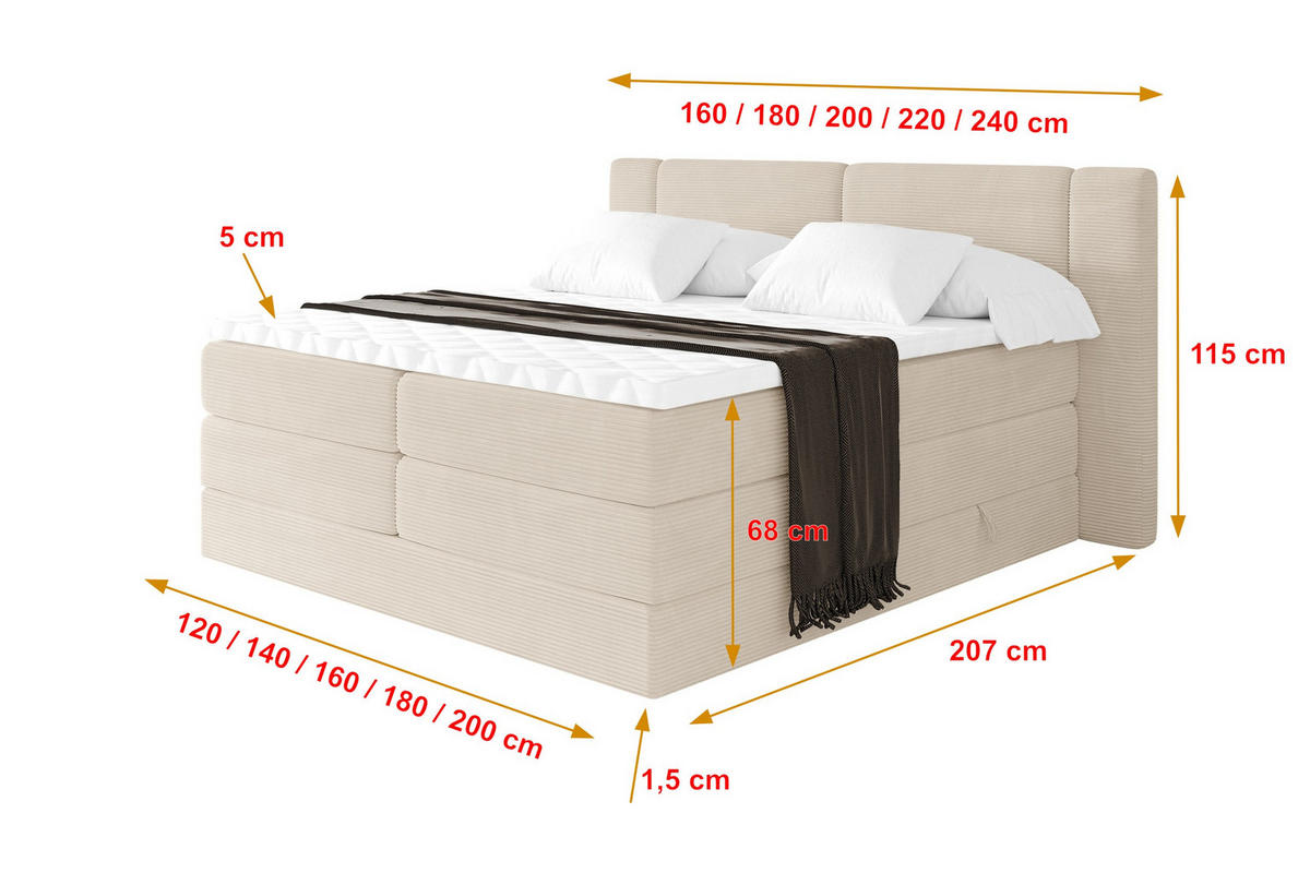 BOXSPRINGBETT mit Matratze H3/H4 - EVON KING - 140x200 cm Beige - Ecru, Holzwerkstoff (140/200cm) - ALTDECOR