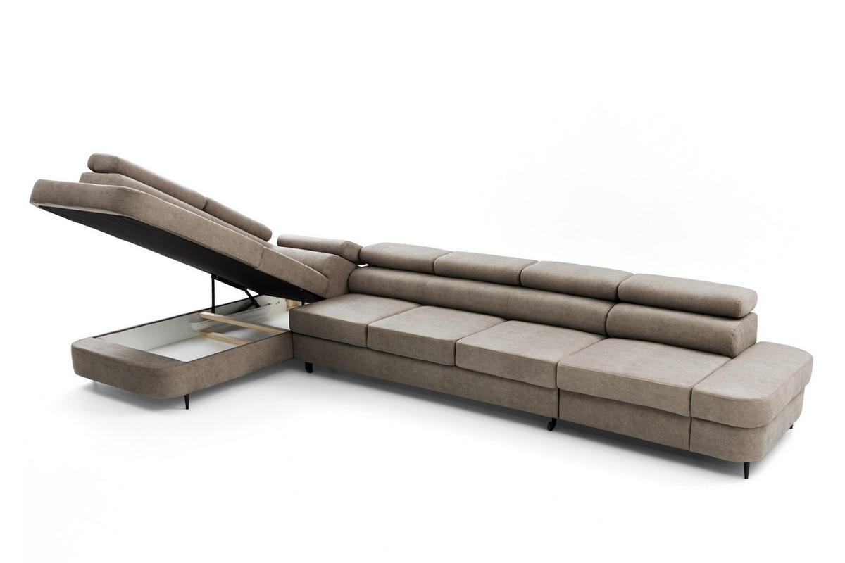 ECKSOFA PRIAM XXL L-Form Links mit Schlaffunktion 125x265 Velours Beige - Beige/Schwarz, Holz/Textil (203/420cm) - Muffo