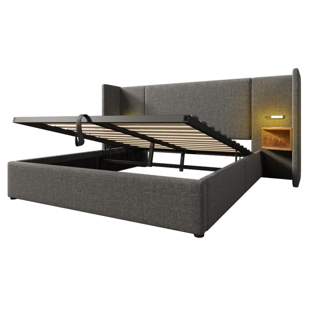 POLSTERBETT mit Stauraum 160x200 cm Leinen Grau mit Matratze - Grau, Metall (160/200cm) - Meubliv