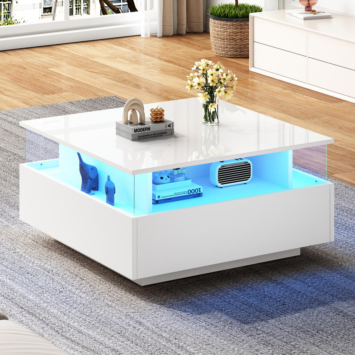 COUCHTISCH 70/70/41 cm weiß aus Spanplatte mit LED-Beleuchtung und 2 Schubladen - Weiß, Holzwerkstoff (70/70/41cm) - OKMYHOME