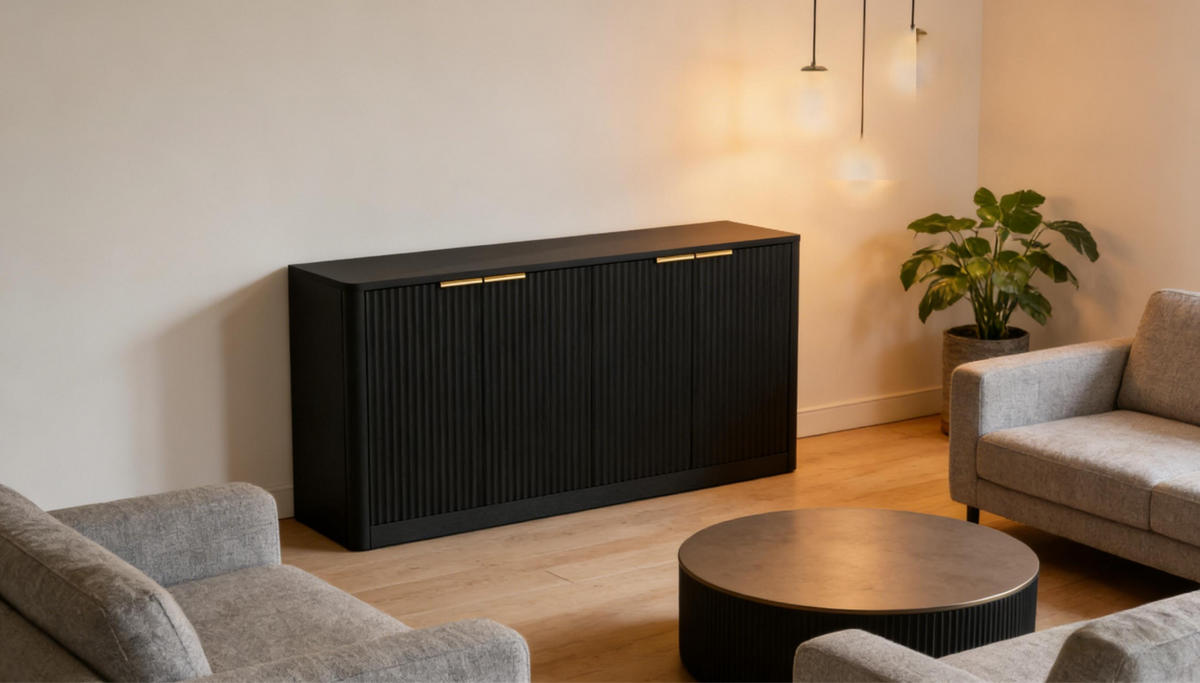 SIDEBOARD 150/40/70,5 cm in Schwarz mit 4 Türen und Wellenfront - Schwarz, Holzwerkstoff (150/70.5/40cm) - Flora Grace