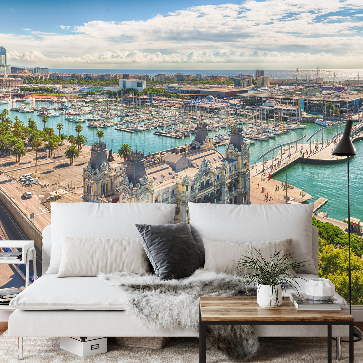 FOTOTAPETE für Wohnzimmer Barcelona Hafen Boote Denkmäler 350x256 - Türkis/Beige, Papier (350/256cm) - Muralo