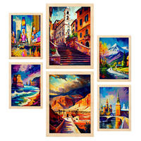 POSTER Set Mit 6 Warm Im Ölgemälde Stil A3 & A4 Rahmen Aus Hellem Holz - Beige, Papier (29/3cm) - Nacnic