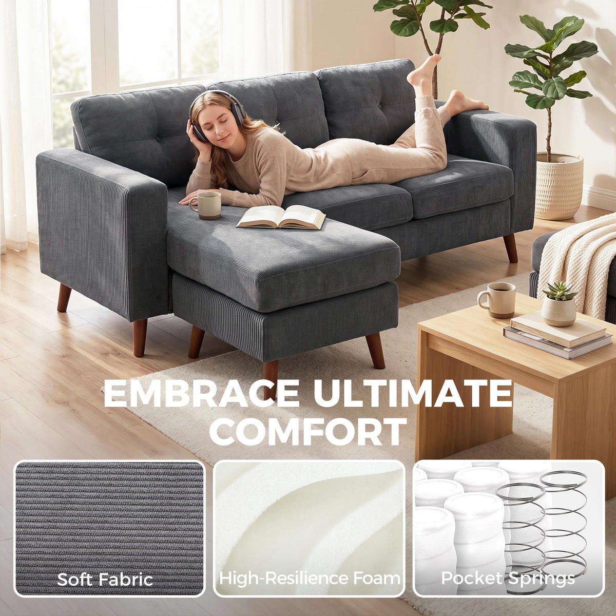 ECKSOFA DE-06613 3-Sitzer Sofa mit umkehrbarer Chaiselongue, Dunkelgrau - Dunkelgrau, Holz/Textil (137/192cm) - ComfortXL