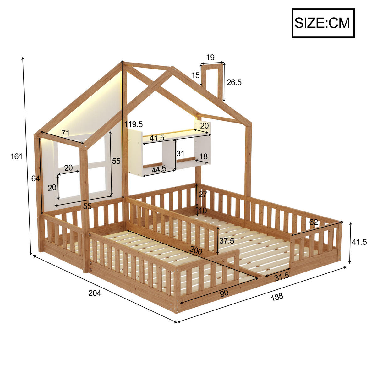 HAUSBETT 90/200 cm natur aus Massivholz und MDF mit LED und Sicherheitsgitter - Naturfarben, Holz (90/200cm) - OKWISH