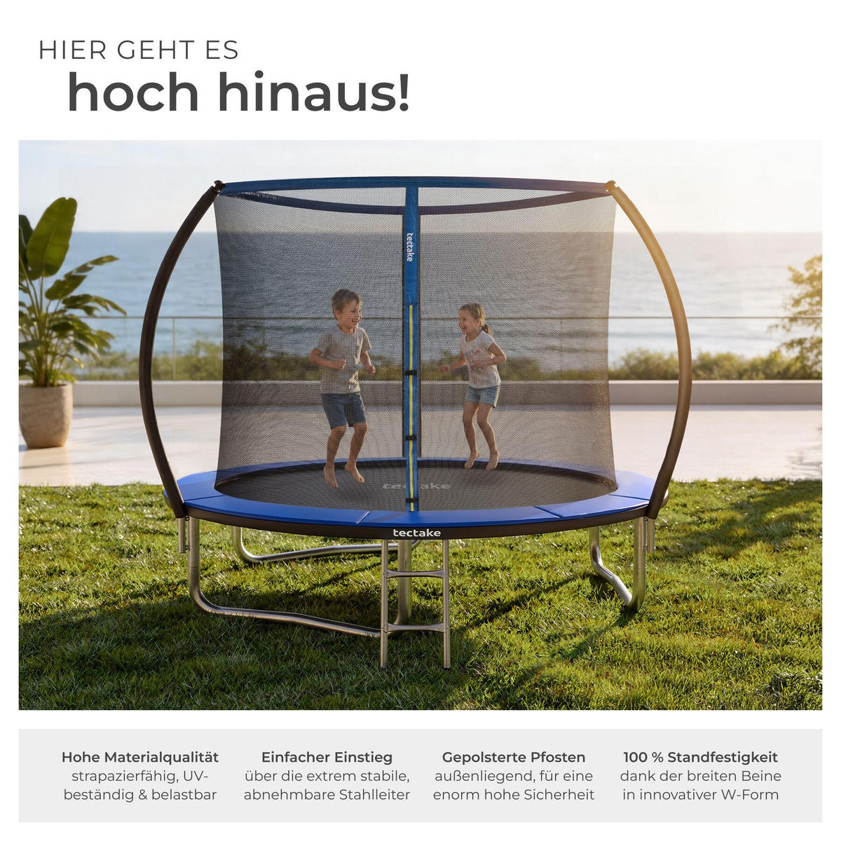 TRAMPOLIN Jumpy, inklusive Einstiegsleiter, schwarz/blau - Blau/Schwarz, Metall (260/250/260cm) - tectake