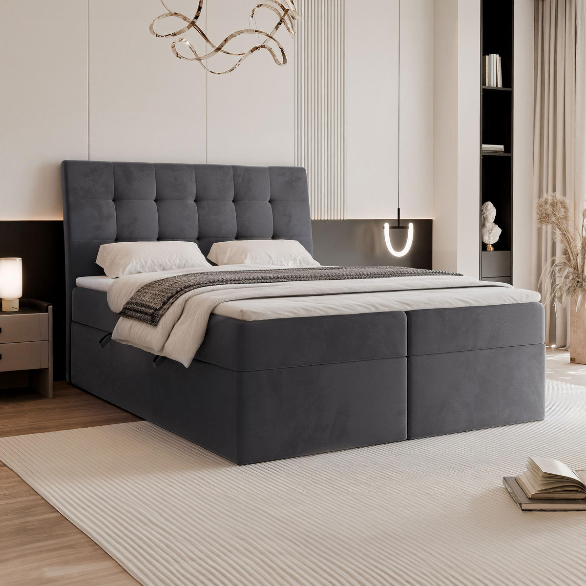 BOXBETT 200x200 cm mit Topper - Dunkelgrau, Textil (200/200cm) - Idohome