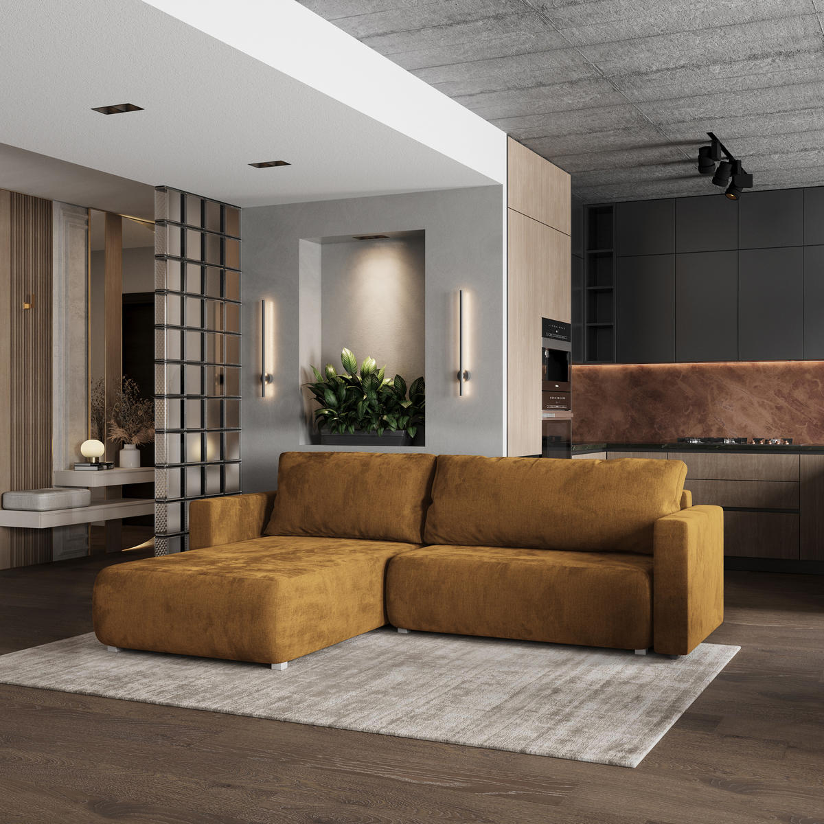 ROHOVÁ SEDAČKA TURIN žlutá - šedá/žlutá, dřevo/textil (265/183cm) - MASSENO