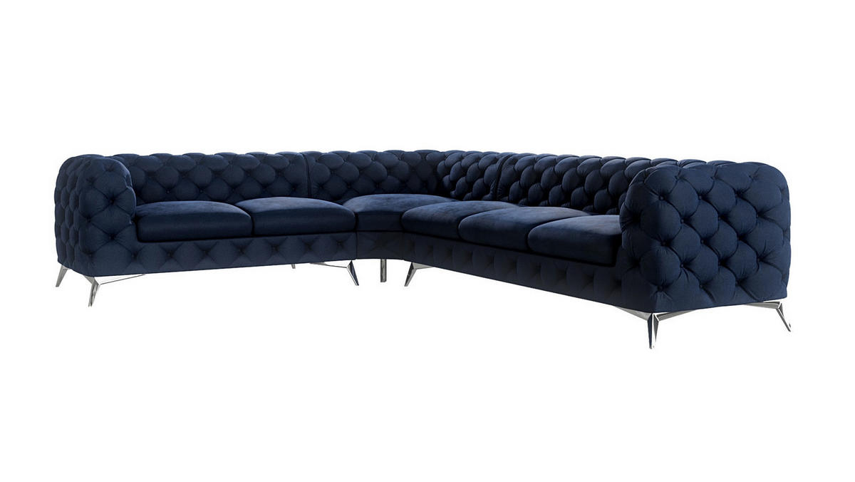 ECKSOFA Chesterfield Laura Marineblau Samt - Silberfarben/Dunkelblau, Holz/Textil (323/264cm) - S-Style Möbel