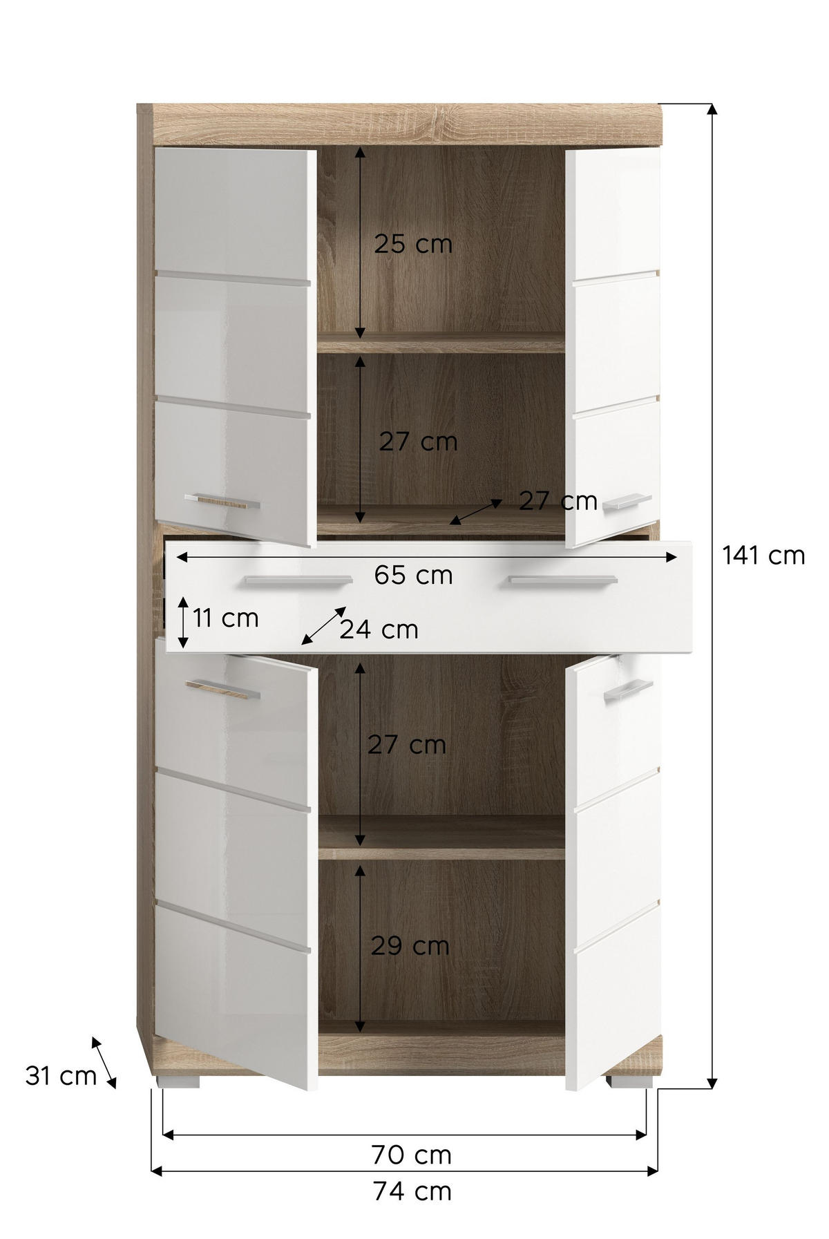 BADMIDISCHRANK Lambada Bad in Sonoma Eiche hell und weiß hochglanz B/H/T: 74x141x31 cm - Eichefarben, Holz (74/141/31cm)