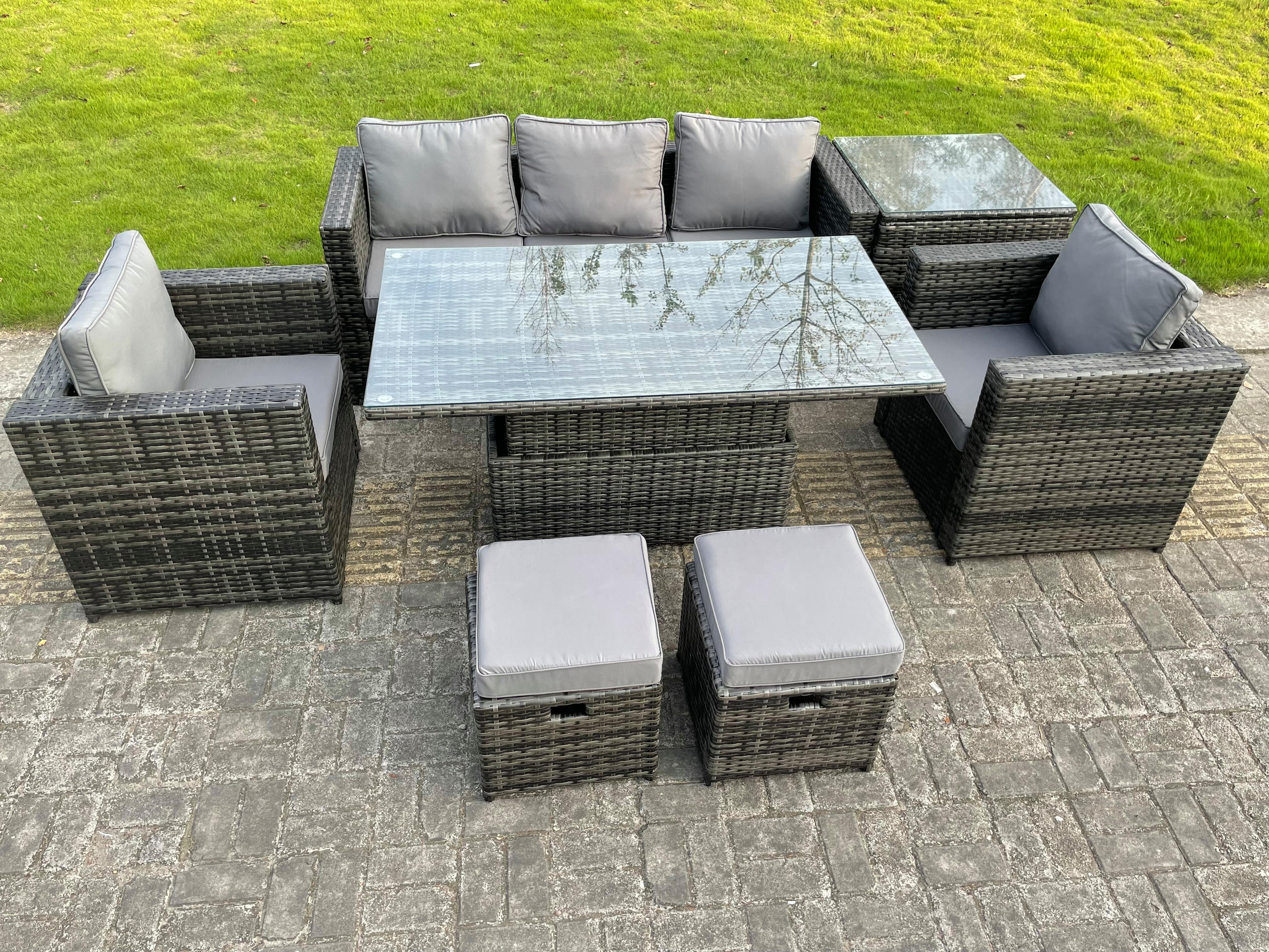 GARTENTISCHGRUPPE Polyrattan 7-Sitzer - Dunkelgrau/Grau, Glas/Kunststoff - Fimous