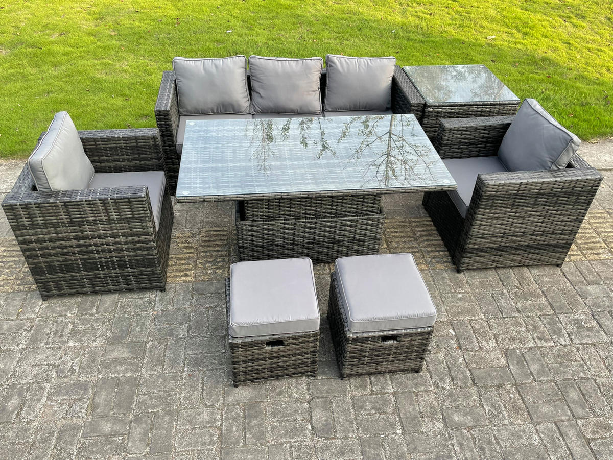 GARTENTISCHGRUPPE Polyrattan 7-Sitzer - Dunkelgrau/Grau, Glas/Kunststoff - Fimous