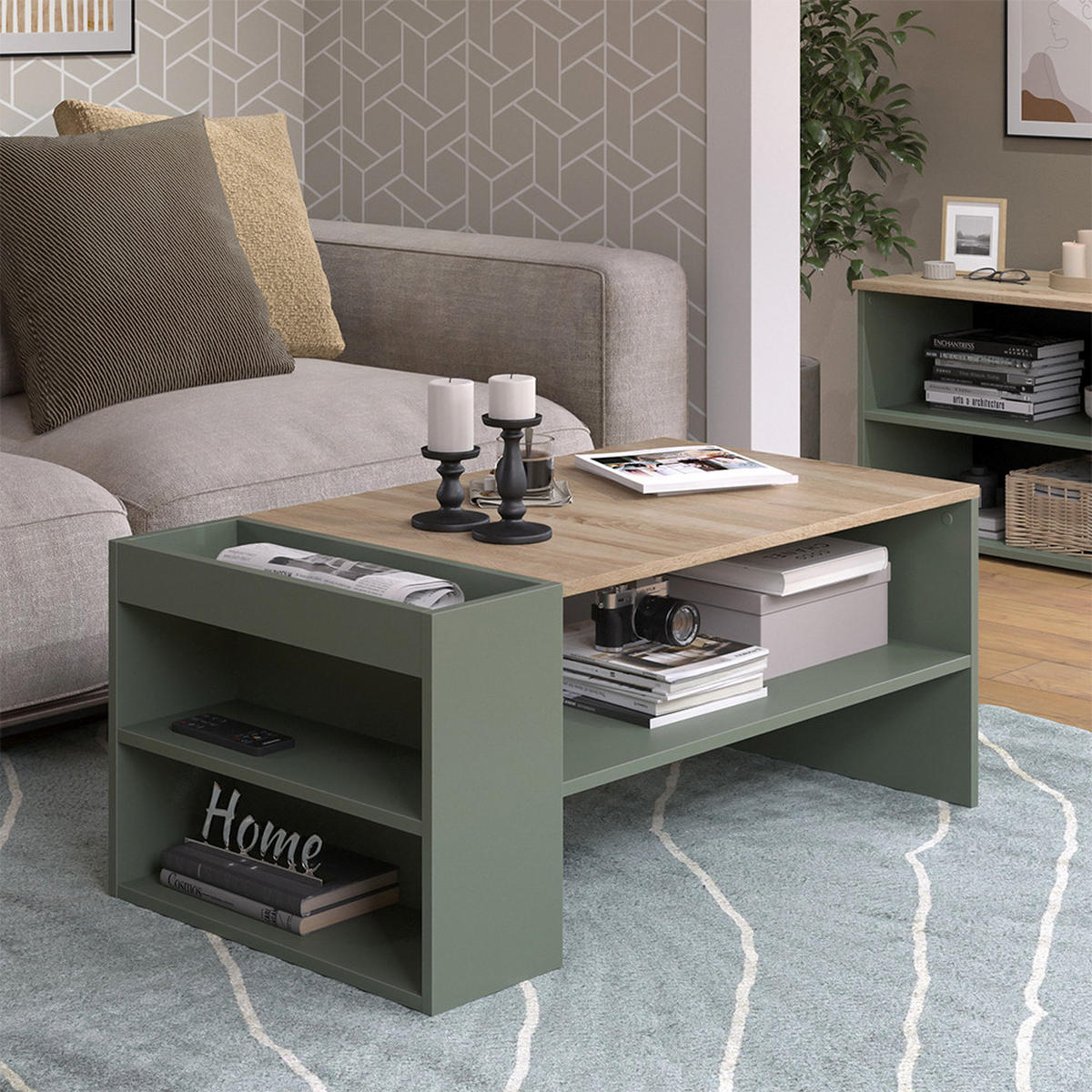 COUCHTISCH Wido Grün 100 x 55 cm mit Regalen - Grün/Sonoma Eiche, Holzwerkstoff (55/100/42cm) - Vicco