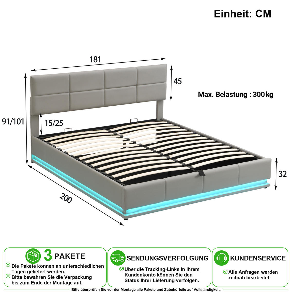 POLSTERBETT 180/200 cm in Zementgrau mit Bettkasten, LED und Kunstleder - Hellgrau, Holzwerkstoff/Textil (180/200cm) - CHICFURN