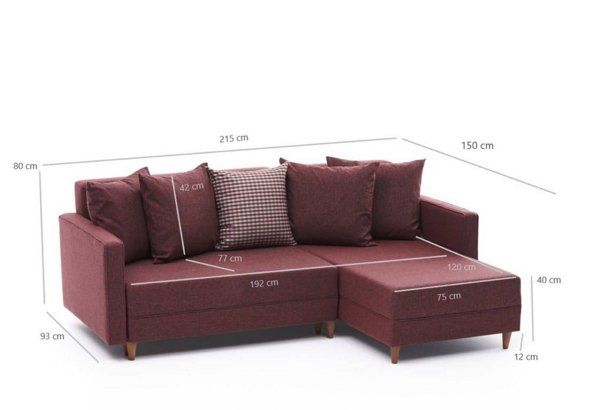 ECKSOFA mit Schlaffunktion, 215 cm Gesamtbreite - Rot/Braun, Holz/Buchenholz (150/215cm) - myHomelando